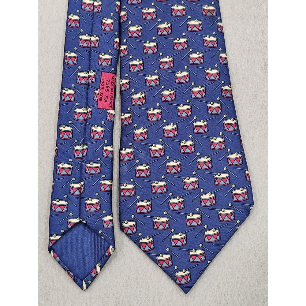 HERMES Neck Tie 100% Silk Made in France 7565 SA Blue Red Drums *Has Stains* 59"